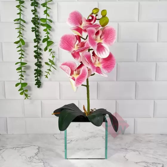 Arranjo de Orquídea Grande Artificial + Vaso Vidro Espelhado-Mafra Express™