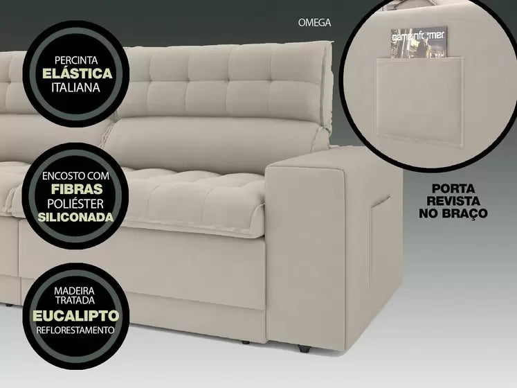Sofá Omega 2,00m Assento Retrátil e Reclinável Veludo-Mafra Express™