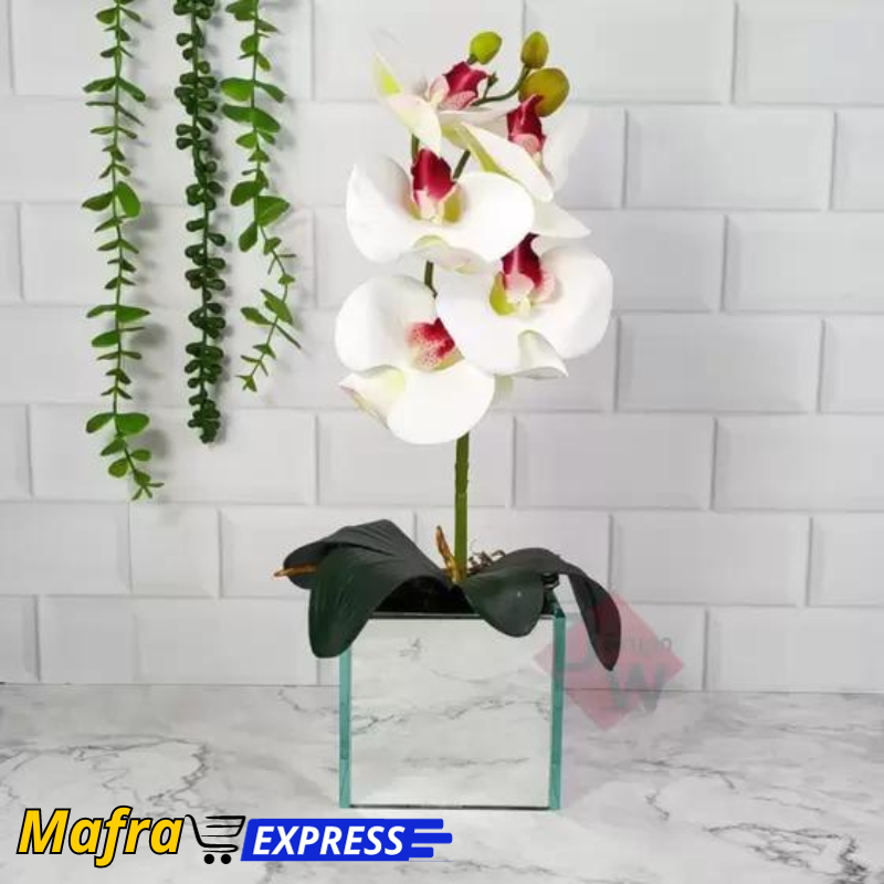 Arranjo de Orquídea Grande Artificial + Vaso Vidro Espelhado-Mafra Express™