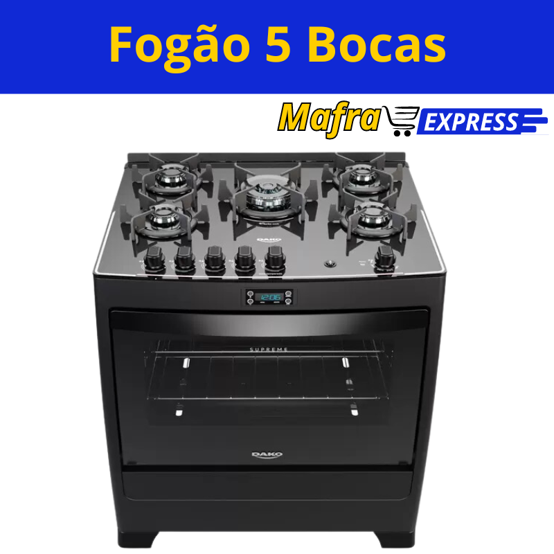 Fogão 5 Bocas Preto com Mesa de Vidro e Timer Digital Dako Supreme-Mafra Express™