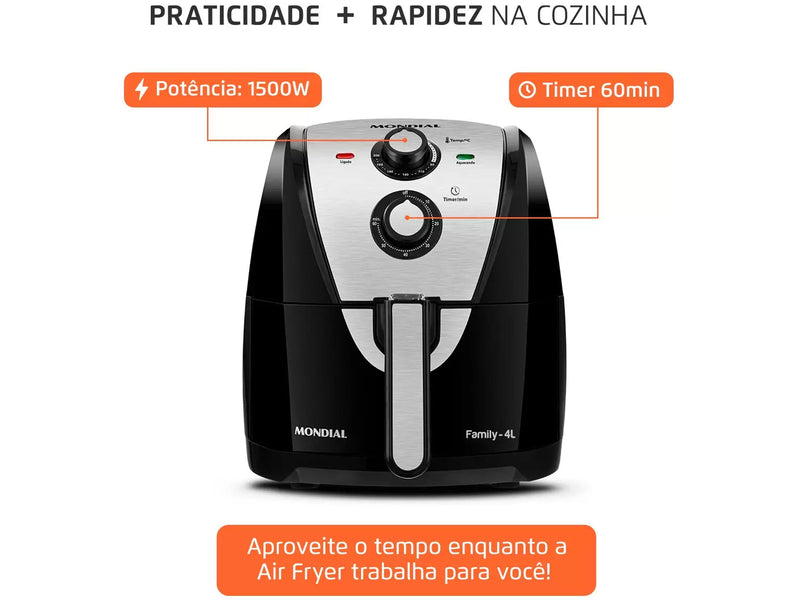 Fritadeira Elétrica sem Óleo/Air Fryer Mondial Family Preto 4L com Timer-Mafra Express™